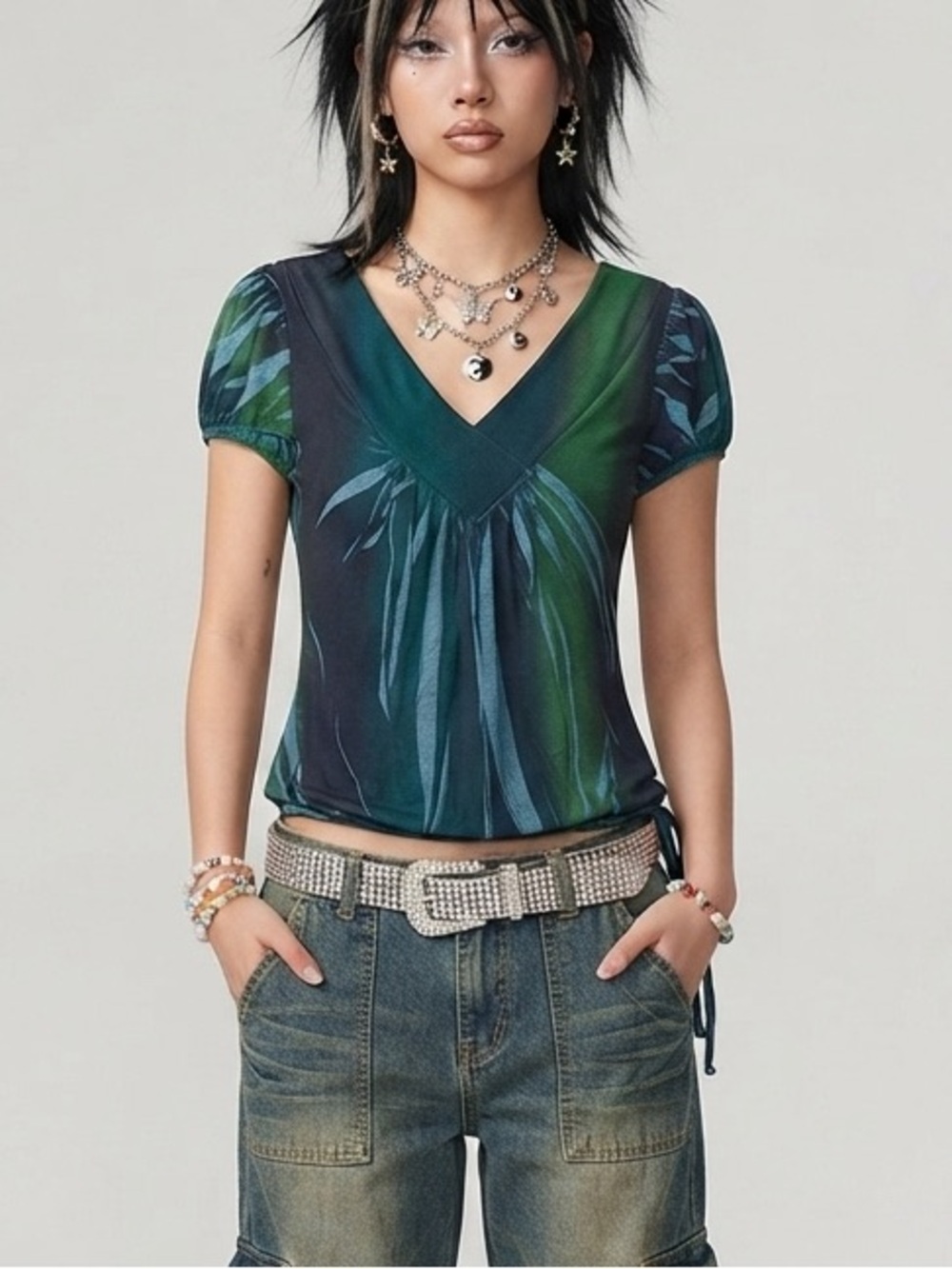 Charlotte Russe Y2K Fairycore Ombre Abstract V-Neck Blouse Short Sleeve